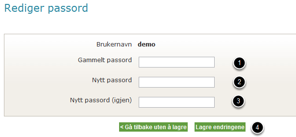 Dersom man ønsker å endre passord trykker man på (4). Når man har utført endringene, trykker man Lagre (5).