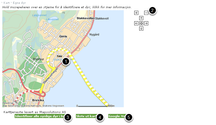 Kartintroduksjon Under menyfanen Kart har du muligheten til å se posisjonsinformasjon til dyrene i kartet.