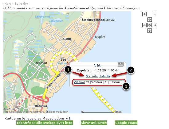 Informasjon om individ Ved å holde pekeren over det interaktive kartet kan man få fram detaljert informasjon om individet samt noe ytterligere funksjonalitet.