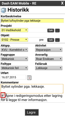 Huker du av for Åpne i redigeringsmodus (ref. over) får du direkte tilgang til blant annet å legge til anvendte timer, artikler, laste opp bilde med mer.