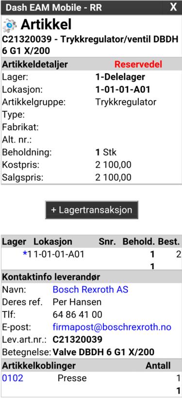 skjermbildet nedenfor. Artikkelinfo med mulighet for uttak til AO Du kan også gjøre lagertransaksjoner, dvs.