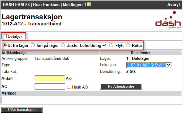 Lagerkatalog i redigeringsmodus Her kan du gjøre endringer i artikkelens lagerkatalog.