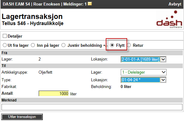 Justere beholdning Flytt Ønsker du å flytte et antall av en artikkel til et annet lager velger du tillager, lokasjon og antall.