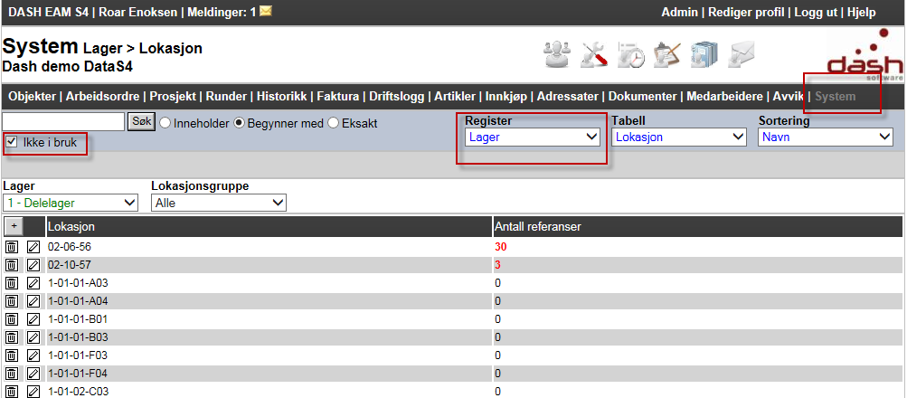 Filtrere på ledige (lager-) lokasjoner Via menypunktet System kan du (hvis du har rettigheter) også blant annet liste ut lokasjoner som ikke er knyttet opp mot lagerkataloger.