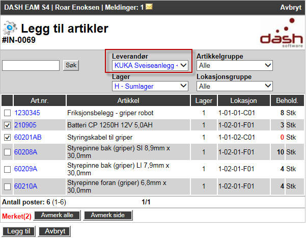 Innkjøpsbehov i redigeringsmodus Legge til artikler/bestillingslinjer Velg/huk av for de artiklene som du ønsker å kjøpe