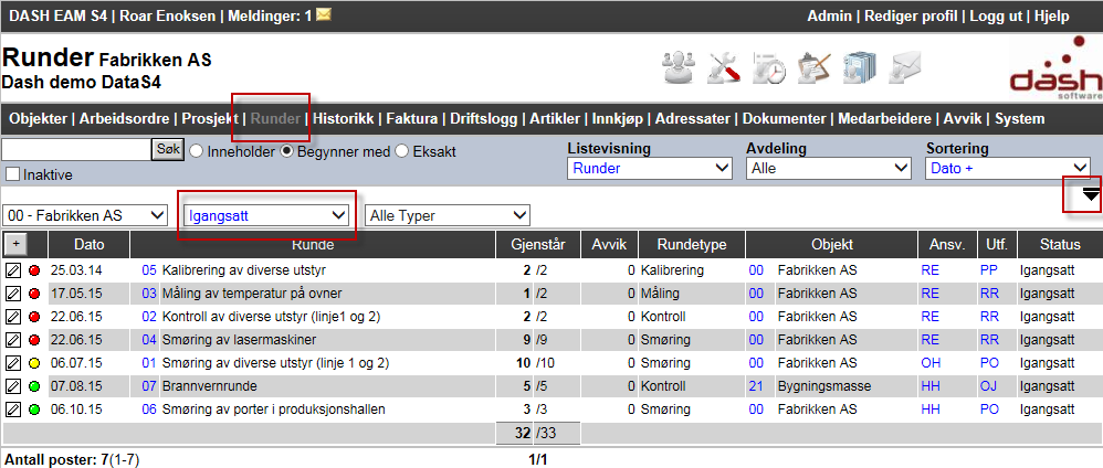 7.0.4 Runder Bruk av runder i Dash gir en unik mulighet for å organisere alle virksomhetens FV-rutiner og kontroller på en mer oversiktlig måte enn bruken av jobbregisteret.