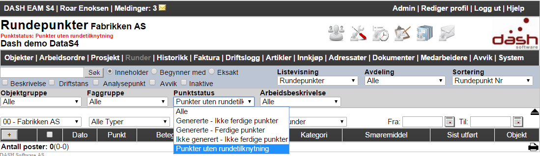 I punktlisten kan du blant annet også filtrere på Punktstatus.