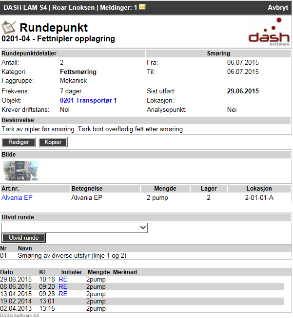 Rundepunkt i lesemodus Klikker du direkte på rundepunktnummeret (i bilde over uten filtrering) får du rundepunktdetaljer samt alle utførte (i dette tilfellet smøringer) av punktet.