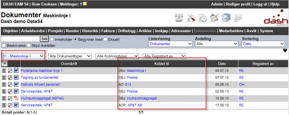 I fra dokumentarkivet kan du kan blant annet få en oversikt over alle dokumenttilknytninger for en spesifikk del av objektstrukturen med oversikt over hvor de er koblet til, som vist