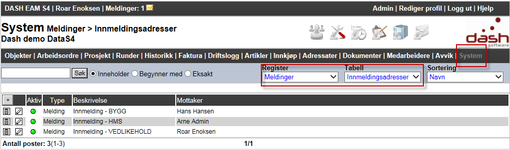 Klikk i Register for å velge ønsket systemregister og i Tabell for å velge den som det skal redigeres i. Kolonnen Antall referanser viser antallet verdien er brukt.