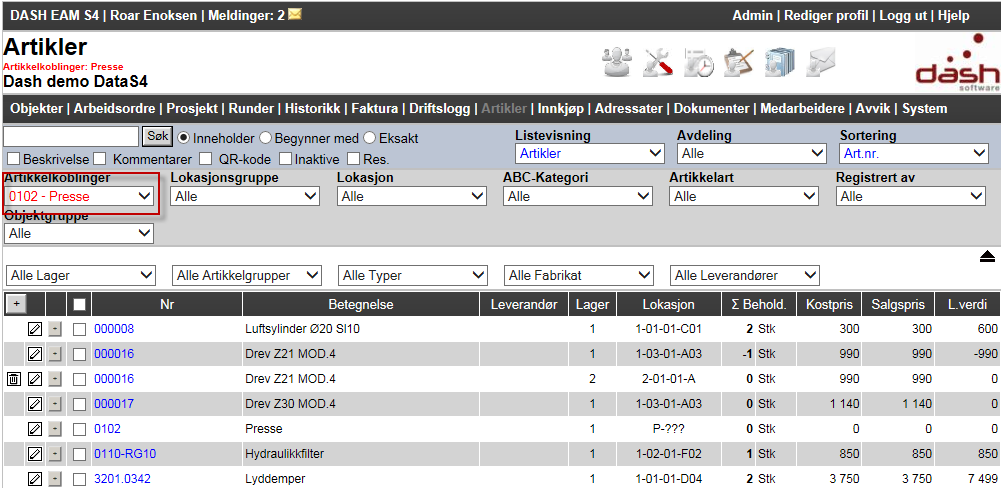 Artikkelkobling I fra de to ovenstående bildene kan du se på, redigere og opprette/legge til en ny artikkel, utføre lagertransaksjoner (krever tilleggsmodulen for lager-/innkjøp) samt hente opp