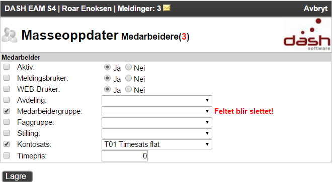 Klikker du/huker du av i øverste boks (i kolonneheadingen) avkrysses alle boksen automatisk (Obs. kun for den siden som vises hvis det er flere sider), og knapperaden nederst i bilde kommer opp.