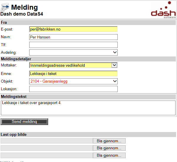 Innloggingsbilde Innmeldingsskjema kan brukes av alle 1.3.2 Innmeldingsskjema Melding For innmelding av melding (behov etc.