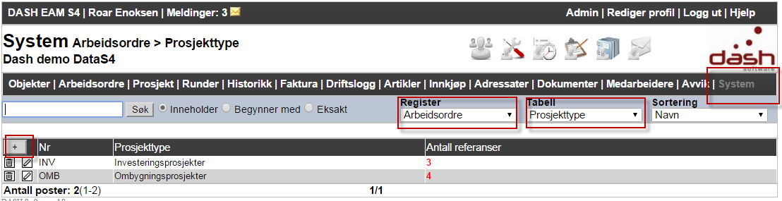 Prosjekt 2.0.6 Prosjekter Prosjekter nås via menyen Prosjekt. Merk: Prosjekt er kun tilgjengelig i fullversjonen (S4) av Dash.