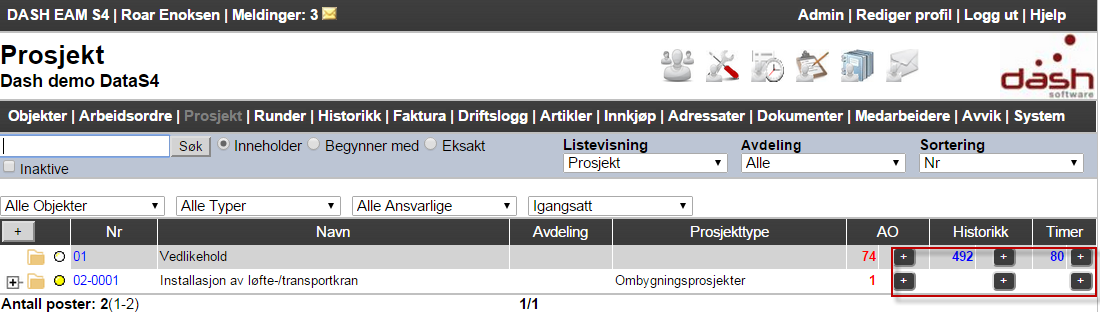 Redigere prosjekt Hvis du ønsker å opprette ny planlagt arbeidsordre, ny historikkpost eller ny detaljert timeføring mot prosjektet kan du direkte gjøre dette via disse knappene, ref. nedenfor.