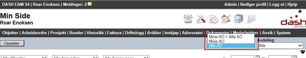 Min side når du ved å klikke på dette ikonet oppstartsside når du logger deg på Dash-web.