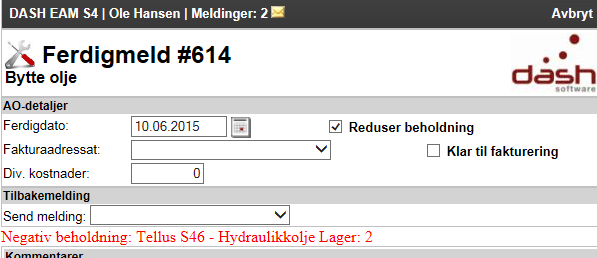 For de som har service management (SM) i Dash er Fakturadressat og Klar til fakturering tilgjengelig i ferdigmeldingsbilde, som vist nedenfor.