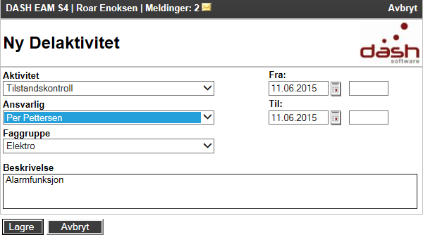 Legg til ny delaktivitet via knappen. Legge til ny delaktivitet Ferdigmelde arbeidsordre med delaktiviteter Når arbeidsordren og delaktivitetene skal ferdigmeldes gå til redigeringsmodus.