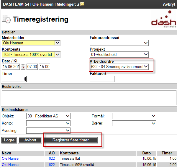 Legge til ny timeregistrering Her kan du registrere mot planlagte (aktive) arbeidsordre og/eller prosjekt, knytte til fakturaadressat (krever SM service management) og knytte til diverse