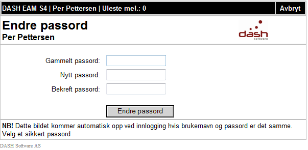 Blå prikk til venstre for brukeren indikerer at brukeren er pålogget Dash-web. Hvis du holder musepekeren over prikken vises innloggingstidspunktet.