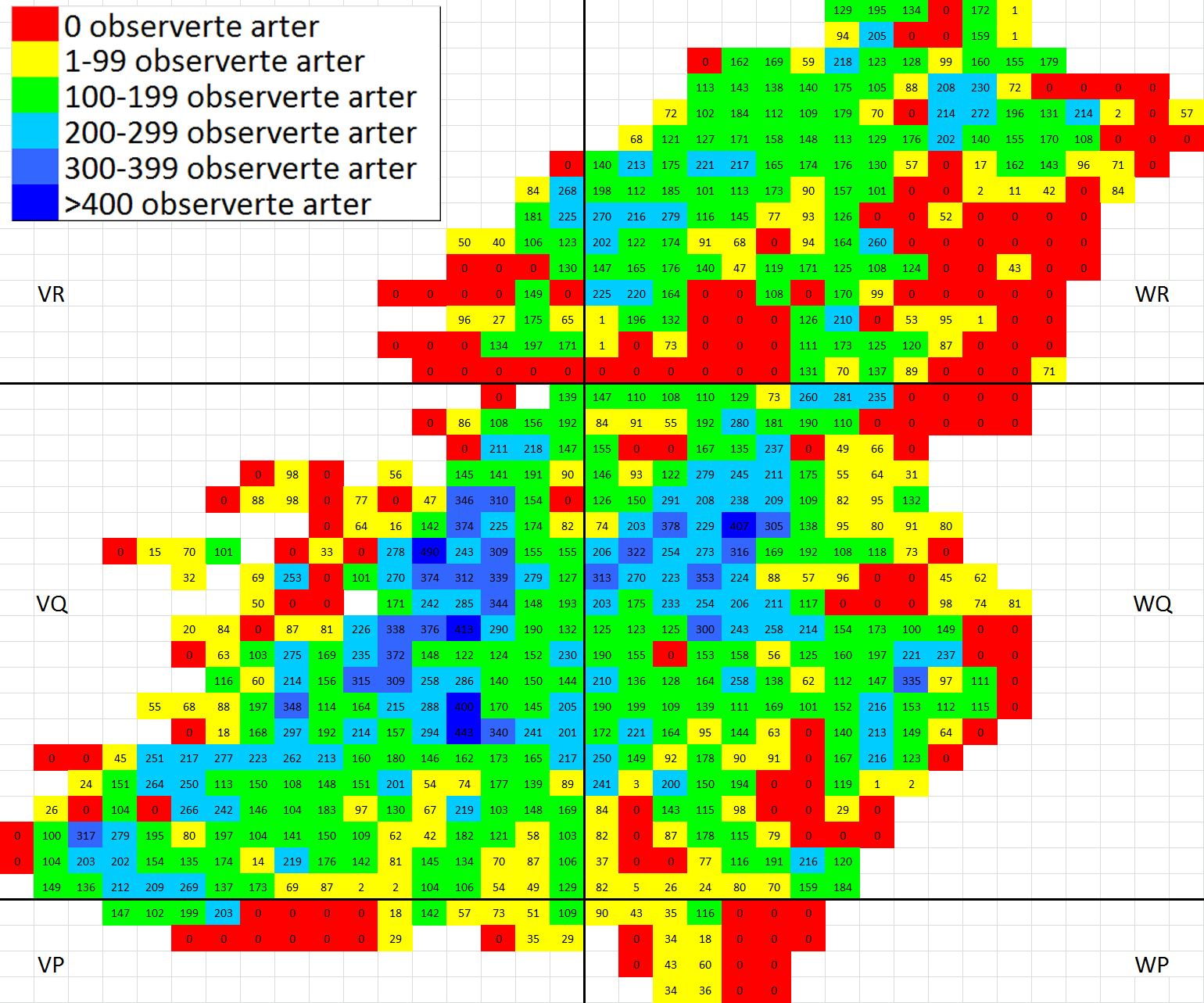 53 Fig. 2. Skjematisk oversikt over de 734 atlasrutene i Prosjekt Saltens Floras geografiske område, med antall observerte karplanter i hver rute per 12.11.2013. Kilde: artsobservasjoner.no.