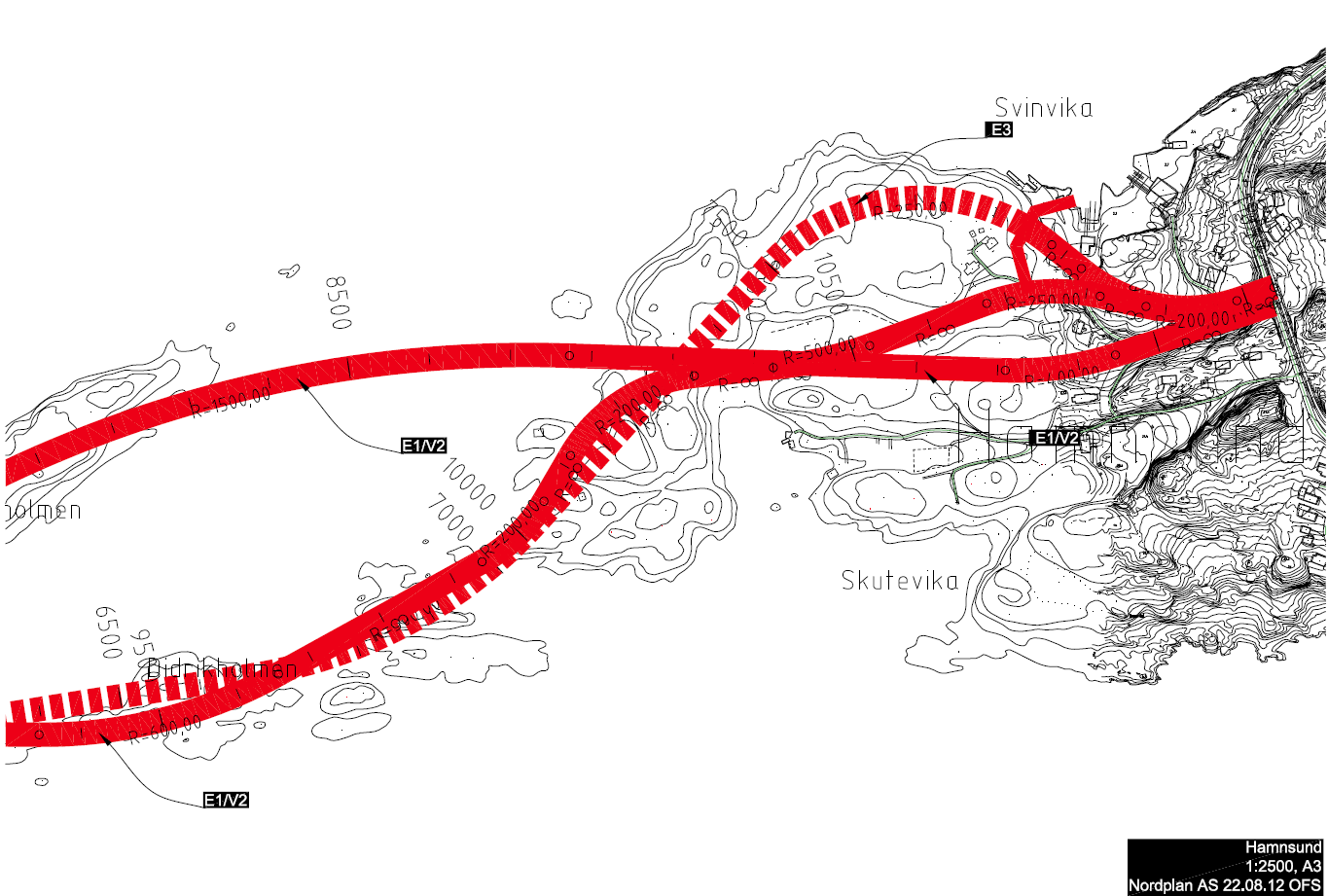 Figur 4. Veg over Torholmen og vidare enten over Sjukholmen eller Didrikholmen, alt. E1, E3 og V2.