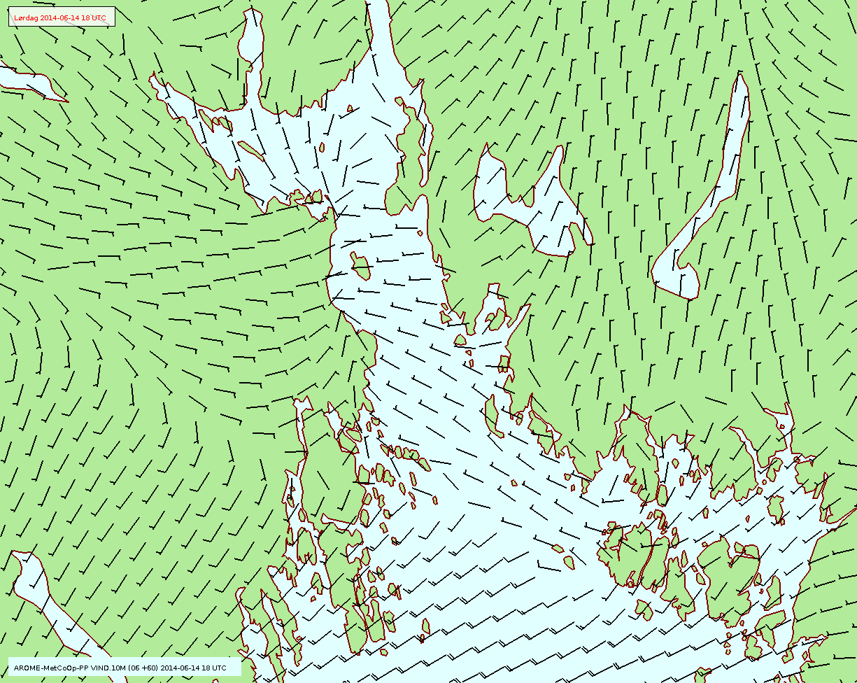 Lørdag kl. 20 Lite vind.