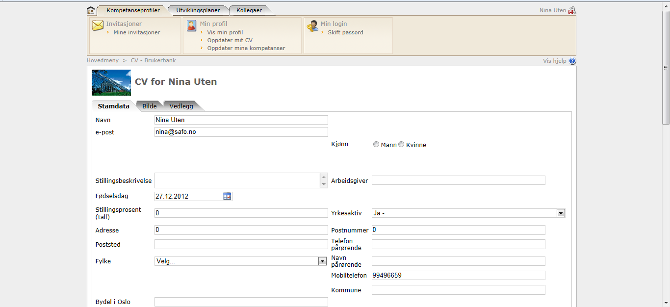 2. Når du har fått lastet ned siden, klikker du på CV - Brukerbank i menyen. Du får da opp denne siden: 3.