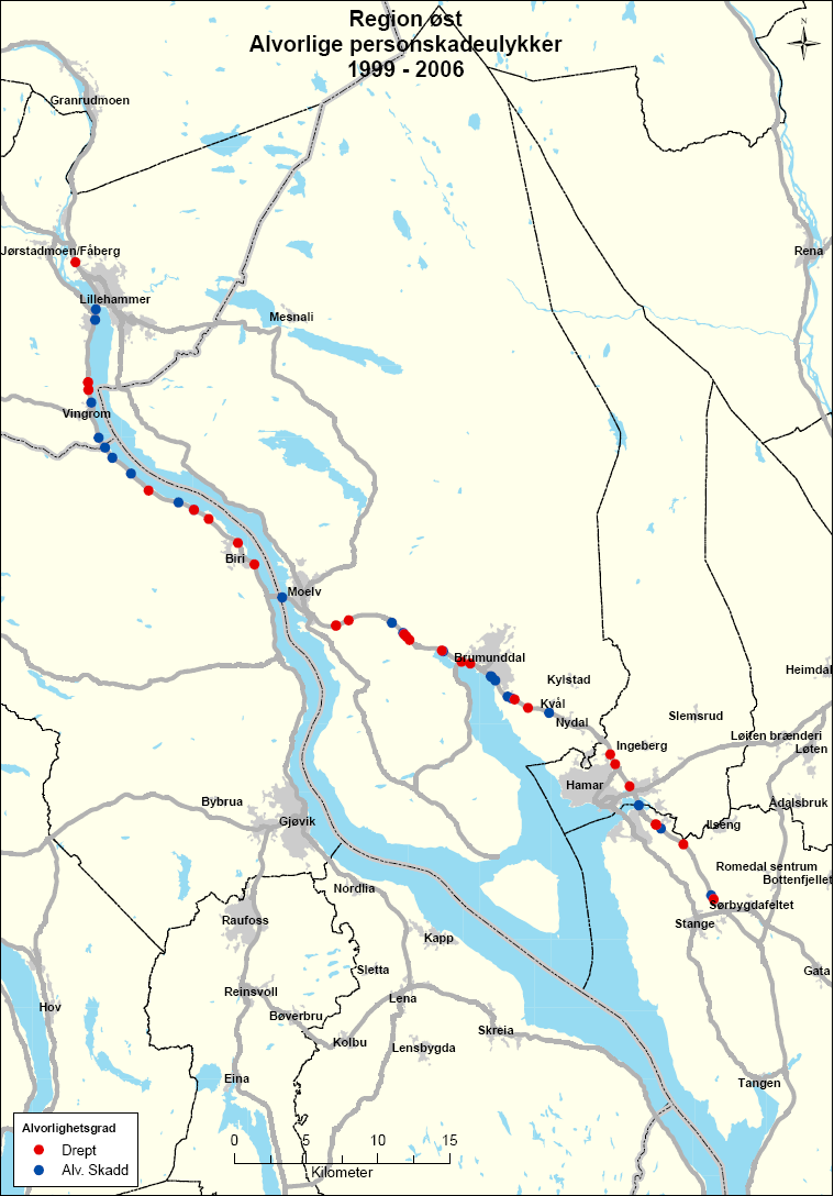 Side 21 De alvorlige trafikkulykkene fordeler seg over hele strekningen, med en svak overvekt av ulykker i Hedmark.