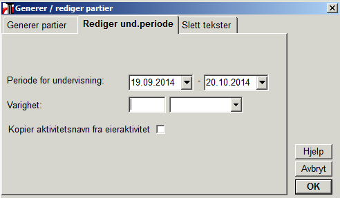 Generering av partier Dersom en har kopiert partier fra en tidligere termin, så kan en i dette bildet endre