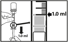 Trinn 4: Trekk 1,0 ml luft inn i sprøyten Fjern filmen på sprøytepakken og ta ut sprøyten. Ikke ta på sprøytetuppen. Hold sprøyten i øyehøyde for å lese av riktig dose.