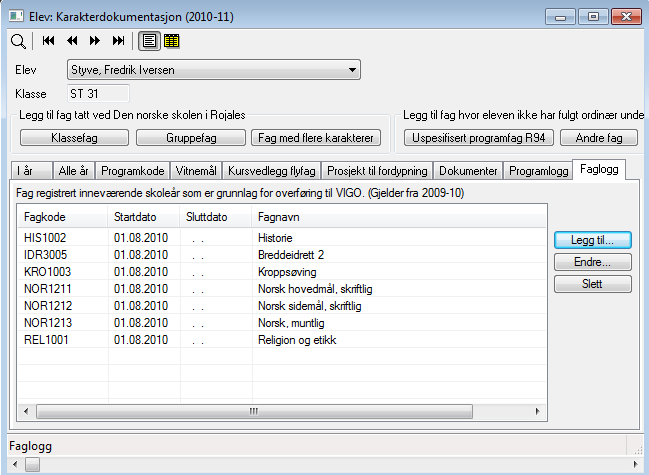 Merk: Den offentlige fagkoden som er knyttet til faget (eksempelvis til faget ST3A HIS), vises ikke her. Den oversikten fås bl.a fra Modul>Elev>Karakterdokumentasjon.