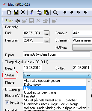 videregående skoler behøver ikke registrere elevstatus D. Se også forskrift til opplæringsloven 6-12 i forhold til inntak som deltidselev.