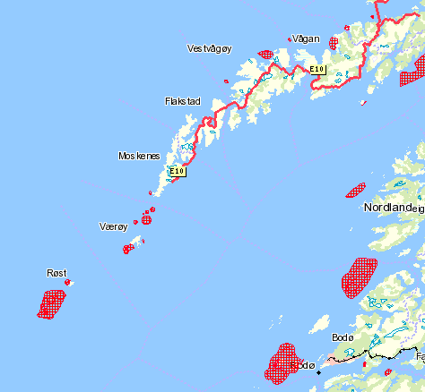 - grovrense innen gitt tid - finrense innen gitt tid - Miljøsårbare områder MOB Aområder rundt Værøy inkl Mosken 67 38.7 N 12 35.