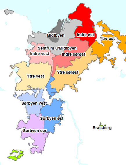 Rotvoll Øvre, vurdering miljøkonsekvenser 8 1.5 Reisemiddelfordeling varierer mellom bydelene Reisevaneundersøkelsen fra 2009-2010 (RVU) viser at reisemiddelfordelingen varierer mellom bydeler.