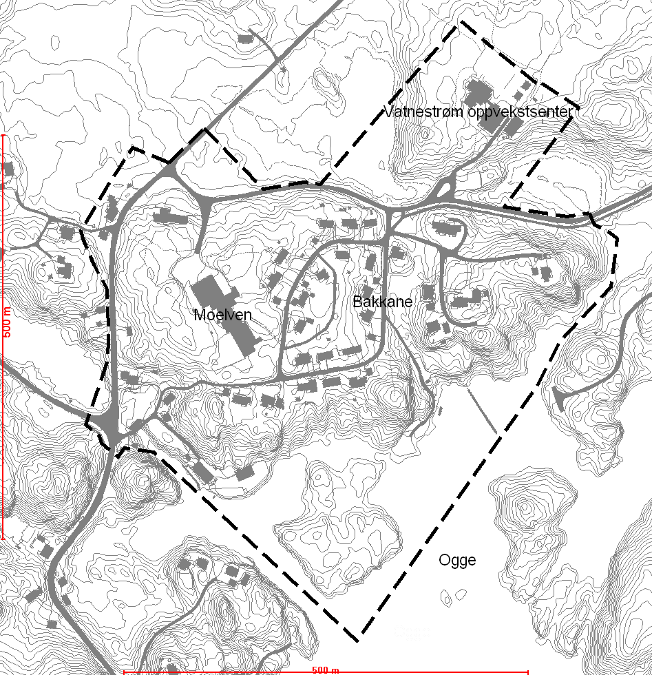 5 Beskrivelse av planområdet, eksisterende forhold 5.1 Beliggenhet og avgrensning av planområdet Planområdet ligger på Vatnestrøm ved Ogge i Iveland kommune.