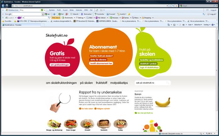 Resultater Abonnementsordningen Om lag 55 % av 1-7 skolene i Norge har en Skolefruktordning. Pr. 17.12.2009 var det 968 skoler med foreldrebetalt ordning hvorav 53.100 elever var med på ordningen.