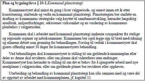 I medhald av kapittel 10, 10-1, i plan- og bygningslova skal kommunen minst ein gong i kvar valperiode, og seinast innan eitt år etter at nytt kommunestyre er konstituert, utarbeide og vedta ein