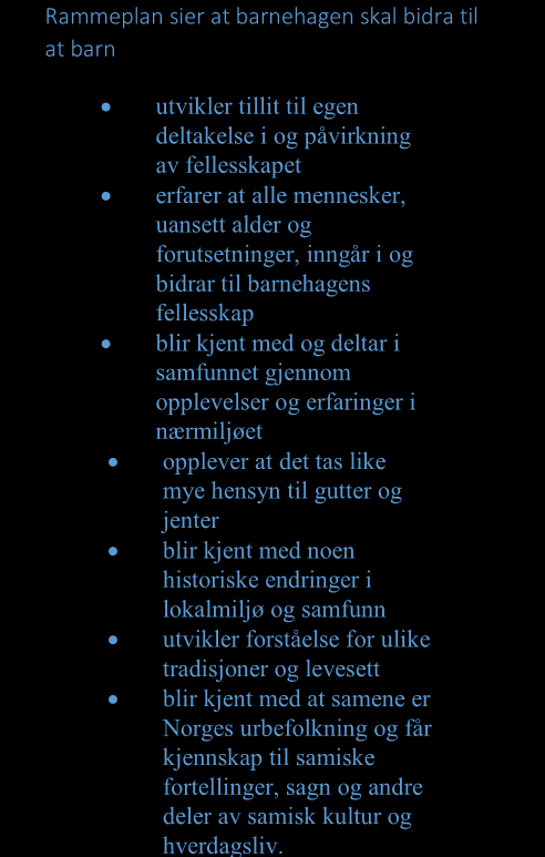 Rammeplan sier at barnehagen skal bidra til at barn erfarer at grunnleggende spørsmål er vesentlige, ved at det gis anledning og ro til undring og tenkning, samtaler og fortellinger tilegner seg