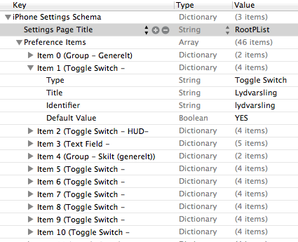 Figur 14: Figuren viser den grafiske storyboard-editoren i Xcode og de to viewene for portrett- og landskapsmodus. 4.2.12 Settings Under Settings.bundle/ ligger Root.plist.