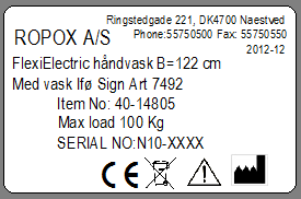 14. Merking Hver enhet har sitt eget merke som vist. Dette merket inneholder viktig informasjon som skal oppgis ved henvendelse til leverandøren. Den inneholder også opplysninger om strømtilkobling.