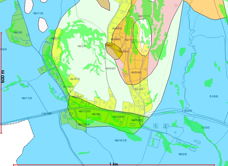 Bruk av geografisk informasjon temadata flere temadata Fargeforklaring: Blå havavsetninger (løsmassekart) Rosa tynt torvlag over