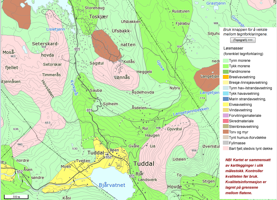 Figur 4: Viser grov oversikt over fordeling av berggrunn i influensområdet (www.ngu.no).