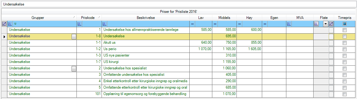 Priskode Beskrivelse M.V.A Prisgruppe Tekst Aktiv Flate Tilkoblede behandlingslister Prisen eksisterer i følgende prislister Du må tildele prislinjen et nummer.