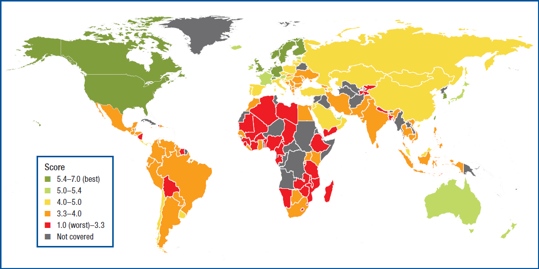 Figur 5-9 The Networked Readiness Index map 5.5. Klimaendringer varmere og mer ustabilt klima FNs klimapanel har fastslått at det nå skjer menneskeskapte klimaendringer, og en temperaturøkning på under 2 grader er ikke lenger realistisk.