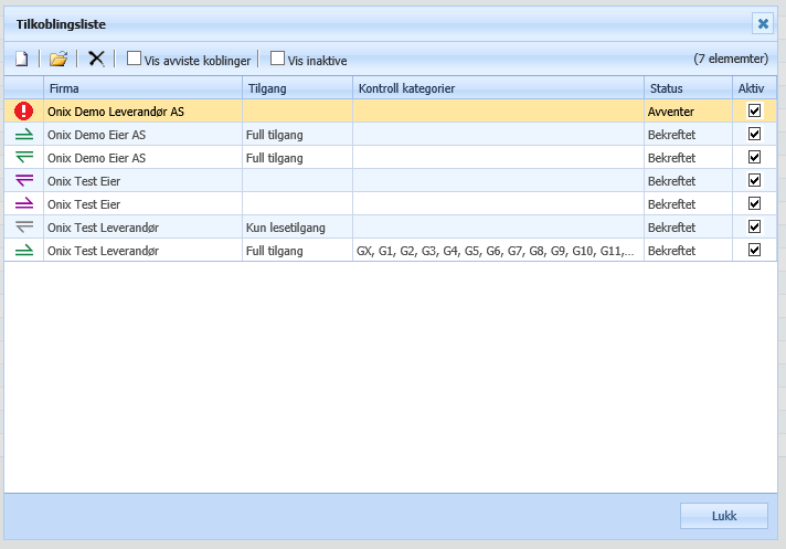 TILKOBLINGSLISTE Alle koblinger til andre medlemsfirma ligger i tilkoblingslisten. Her kan du også opprette, endre og slette kundekoblinger.