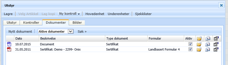 UTSTYRSVINDU KONTROLLER Gir oversikt over utførte kontroller og neste planlagte kontroll på utstyret. Planlagte kontroller kan du slette ved trykke på til høyre i listen.