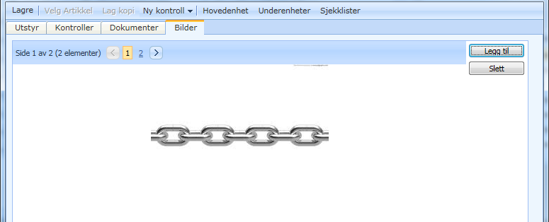 UTSTYRSVINDU BILDER Bilde arkfanen lister bilder som er knyttet til utstyret. Et utstyr kan ha flere bilder. Du kan legge til bilder v.h.a. Legg til knappen og slette bilder v.h.a. Slett knappen.