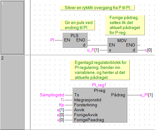 Denne funksjonsblokken deklareres i programmet på samme måte som for P-regulator, og parameterne settes.