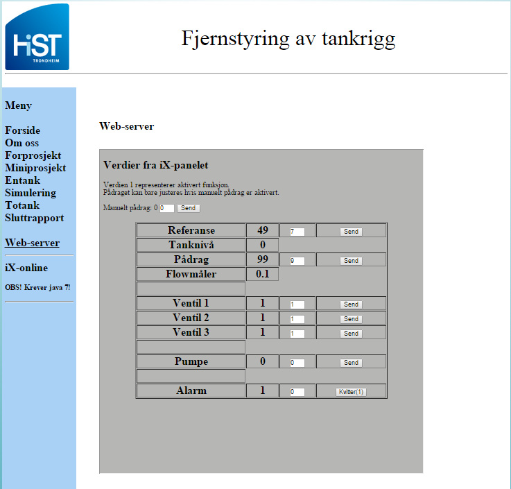 På internettsiden vår har vi laget en ramme som viser nettsiden til ix-panelet. I figur 84 kan du ser hvordan dette ble seende ut. Figur 89 Web-server Web serveren er satt opp som en tabell.